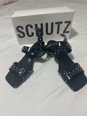 SCHUTZ Black Studded Leather Strappy Heels